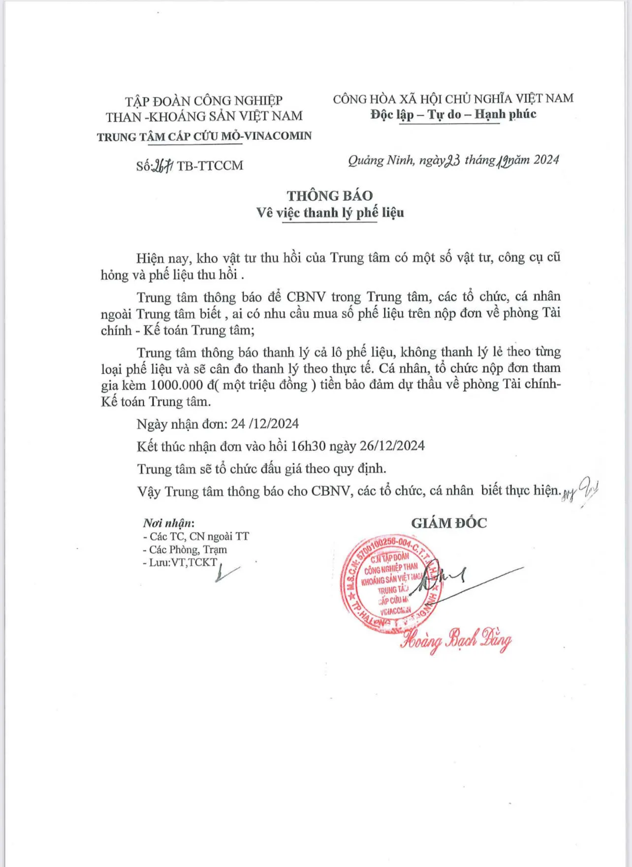 Thông báo thanh lý phế liệu