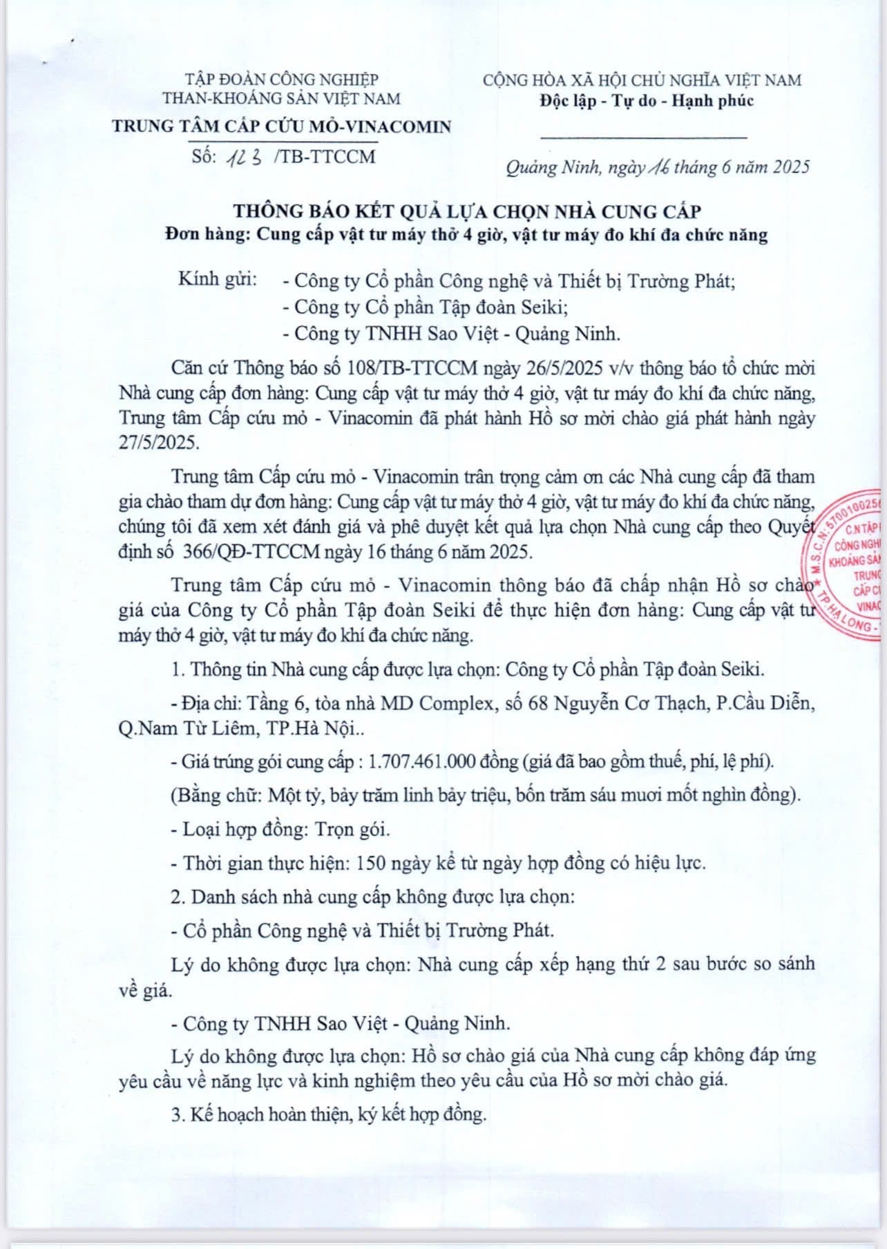 Kết quả lựa chọn đơn hàng cung cấp vật tư Trung tâm cấp cứu mỏ