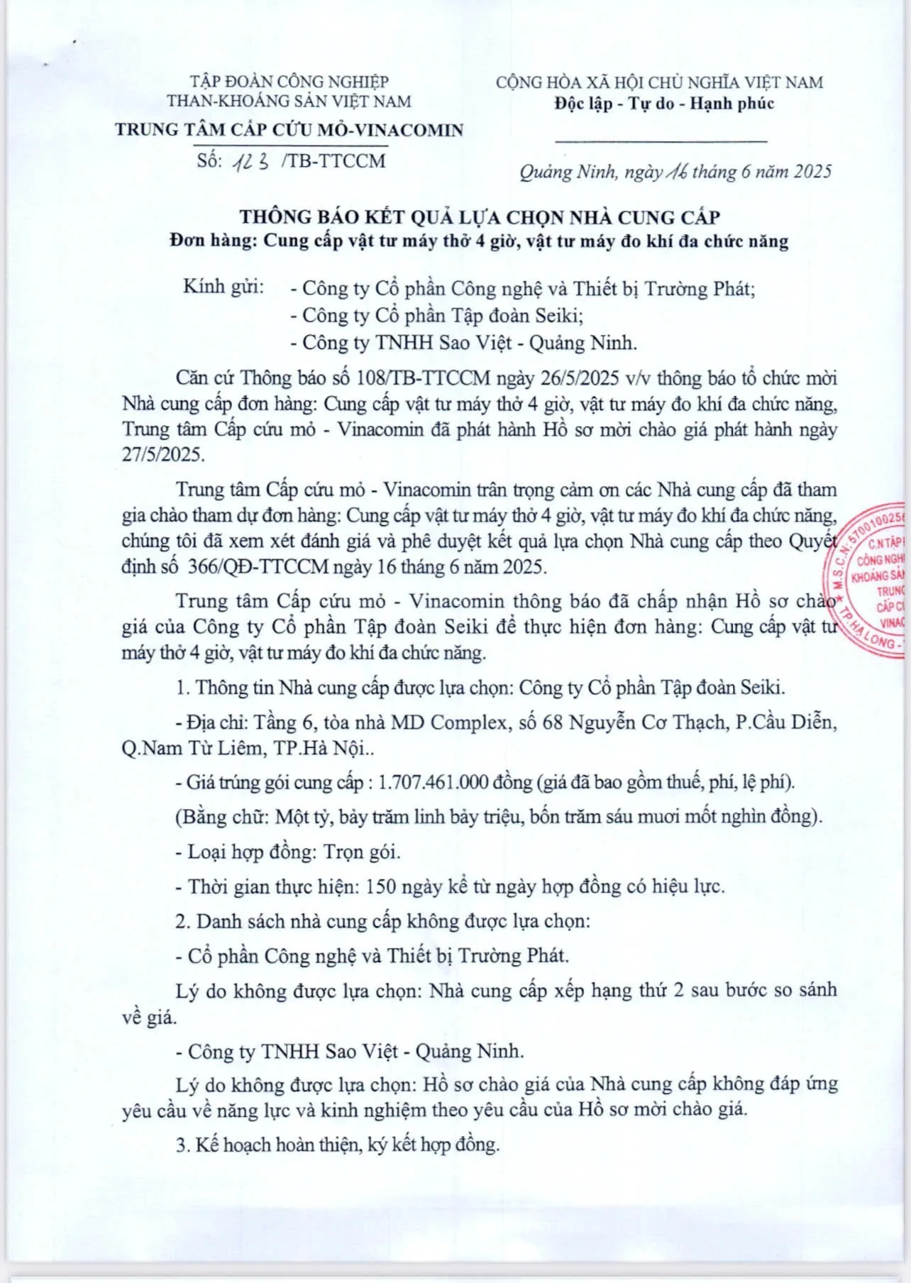 Kết quả lựa chọn đơn hàng cung cấp vật tư Trung tâm cấp cứu mỏ